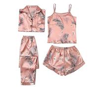 Ensemble pyjama pour femme - Pantalon court - Ensemble 4 pièces - Pyjama en satin sexy avec boutons - Sans manches - Débardeur léger et fin - Chemise de nuit à revers, Orange, XXL