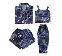 Ensemble pyjama pour femme - Pantalon court - Ensemble 4 pièces - Pyjama en satin sexy avec boutons - Sans manches - Débardeur léger et fin - Chemise de nuit à revers, bleu, XXXL