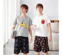 Ensemble Pyjama Pour Garçon Adolescent, Comprenant Un T-shirt À Manches Courtes Imprimé Alimentaire Mignon Et Un Short À Cinq Doigts, 2 Ensembles Combinés 14Y,13Y,16Y,15YCartoon,Portrait,Géométrique,L