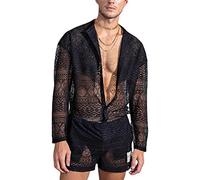 Ensemble pyjama pour homme - Haut et short - Chemise - Short creux - Couleur unie - Dentelle - Tenue pour mariage, nuit, lune de miel, plage sexy - Vacances - Cadeau de mariage, A2 noir., S