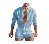 Ensemble pyjama pour homme - Haut et short - Chemise - Short creux - Couleur unie - Dentelle - Tenue pour mariage, nuit, lune de miel, plage sexy - Vacances - Cadeau de mariage, Bleu A2., M