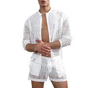 Ensemble pyjama pour homme - Haut et short - Ensemble chemise et short creux - Couleur unie - Dentelle - Tenue pour mariage, nuit, lune de miel, plage sexy - Vacances - Cadeau de mariage, A1 blanc.,