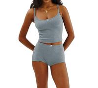 Ensemble pyjama sexy 2 pièces pour femme avec nœud papillon sans manches avec bordure en dentelle moulante imprimé floral camisole débardeur et short élastique, Nœud papillon bleu A-gris, M