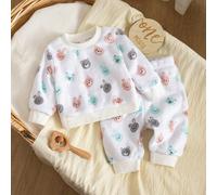 Ensemble pyjama/tenue d'intérieur 2 pièces automne/hiver en peluche pour bébé fille nouveau-né, imprimé numérique mignon lapin & ours, col et ouvertures de jambes côtelés, doux, lisse et agréable pour