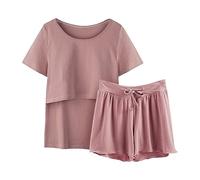 Ensemble Pyjamas Manches Vêtements de Nuit Allaitement Femmes Chemise et Ensemble T Bébé Maternité Tops Shorts Courts Maternité Sommeil Ensemble Éponge, Rouge pastèque, XL