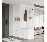 Ensemble rangement entrée 4 pièces blanc 110x37x180cm, meuble chaussures, banc, porte-manteau mural et miroir pour vestibule