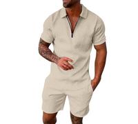 Ensemble rayé à manches courtes pour homme, tissu en maille, haut à manches courtes zippé, short assorti, style poche, pour un usage quotidien d'été, se détendre, beige, XL