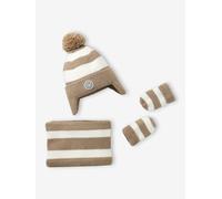Ensemble rayé bonnet péruvien, snood et moufles bébé rayé beige 12/18M(74/81)
