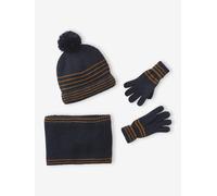 Ensemble rayé garçon bonnet + snood + moufles/gants bleu chambray 4/6A