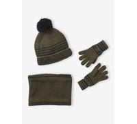 Ensemble rayé garçon bonnet + snood + moufles/gants kaki 12/14A