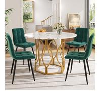 Ensemble repas (5 pièces) - Set 5pcs - Table ronde 100 cm - Plateau MDF motif marbre - 4 chaises velours vert foncé