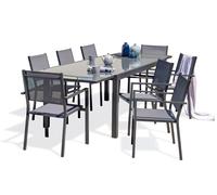 Ensemble repas 8 places en aluminium et plateau verre