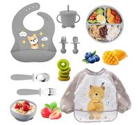 Ensemble repas bébé 9 pièces - Assiette et bol ventouse silicone, couverts, tasse d’apprentissage, bavoir & tablier manches longues - Set DME diversification alimentaire - anti-renversement, lave-vais