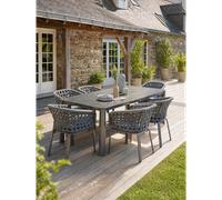 Ensemble repas de jardin 6 pl en alu plateau céramique sur verre