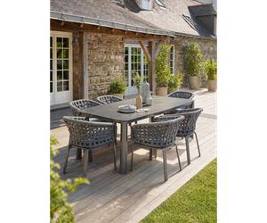 Ensemble repas de jardin 6 pl en alu plateau céramique sur verre