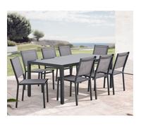 Generique Ensemble repas de jardin Table 180 cm + 8 chaises aluminium, plateau verre trempé, gris
