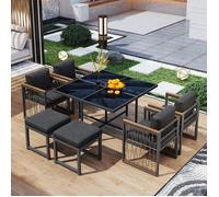 Ensemble repas d'extérieur 6 places table carrée en verre trempé FloraGrace