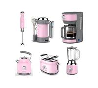 ENSEMBLE RETRO - Batteur à main - Mixeur plongeant + Blender + Bouilloire + Grille-pain 2 fentes + Cafetière - Rose