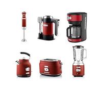 ENSEMBLE RETRO - Batteur à main - Mixeur plongeant + Blender + Bouilloire + Grille-pain 2 fentes + Cafetière - Rouge