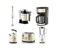 ENSEMBLE RETRO - Batteur à main - Mixeur plongeant + Blender + Bouilloire + Grille-pain 4 fentes + Cafetière - Blanc