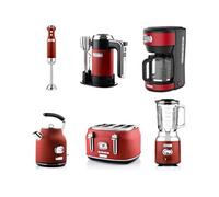 ENSEMBLE RETRO - Batteur à main - Mixeur plongeant + Blender + Bouilloire + Grille-pain 4 fentes + Cafetière - Rouge