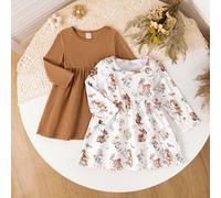 Ensemble robe manches longues bébé fille 2 pièces, imprimé animal cerf et écureuil et couleur unie, automne/hiver 6-9M,9-12M,12-18M,18-24M,2-3YFloralTissu tricoté
