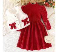 Ensemble robe texturée de couleur unie à col montant, manches bouffantes et taille cintrée, et gilet court à col rond avec décoration de nœud en fourrure, pour l'automne/l'hiver 6Y,7Y,4Y,5YBlocs de co