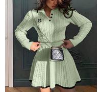 Ensemble robe tricotée élégante 2026 Printemps/Automne, avec pull col polo brodé de papillons et jupe mi-longue taille haute en vert automne L,M,S,XLGéométriqueTissu tricoté