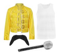 Ensemble Rockstar des années 80 - Ensemble de 4 pièces comprenant une veste à boucle jaune, une moustache adhésive, un gilet blanc et un accessoire de microphone à paillettes - Costume de légende du
