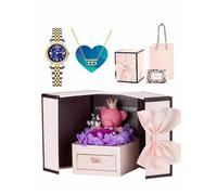 Ensemble Rose Éternelle：Collier pendentif pour femme, montre, boîte de rangement pour ours en peluche, emballage cadeau - rose