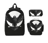 Ensemble sac à dos 3 en 1 avec motif ailes d'aigle noir, sac de voyage, sac à déjeuner, pochette de rangement