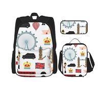 Ensemble sac à dos 3 pièces avec motif visages de bouledogue anglais, sac à bandoulière réglable avec boîte à déjeuner et trousse à crayons, Symbole de l'Angleterre, Taille unique, Sac à dos daypack