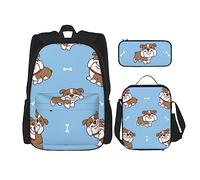 Ensemble sac à dos 3 pièces avec motif visages de bouledogue anglais, sac à bandoulière réglable avec boîte à déjeuner et trousse à crayons, Illustration sans couture de bouledogue anglais, Taille