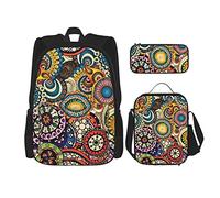 Ensemble sac à dos 3 pièces avec motif visages de bouledogue anglais, sac à bandoulière réglable avec boîte à déjeuner et trousse à crayons, Motifs floraux ethniques, Taille unique, Sacs à dos de jour