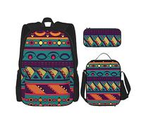 Ensemble sac à dos 3 pièces avec motif visages de bouledogue anglais, sac à bandoulière réglable avec boîte à déjeuner et trousse à crayons, Motifs géométriques ethniques, Taille unique, Sacs à dos de