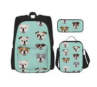 Ensemble sac à dos 3 pièces avec motif visages de bouledogue anglais, sac à bandoulière réglable avec boîte à déjeuner et trousse à crayons, Visages de bouledogue anglais 1, Taille unique, Sacs à dos