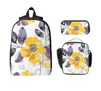 Ensemble sac à dos 3 pièces avec sac à déjeuner, trousse à crayons et motif floral aquarelle - Boîte à déjeuner isotherme - Cadeau pour homme et femme - Jaune et gris