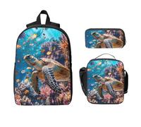 Ensemble sac à dos 3 pièces avec sac à déjeuner, trousse à crayons, motif tortue sous-marine, coquillages, sac d'école, boîte à déjeuner isotherme, cadeau pour homme et femme