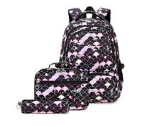 Ensemble sac à dos 3 pièces pour fille avec boîte à déjeuner et trousse à crayons Motif sirène ou cœur, Sirène - Noir