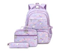 Ensemble sac à dos 3 pièces pour fille avec boîte à déjeuner et trousse à crayons Motif sirène ou cœur, Sirène - Violet