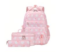 Ensemble sac à dos 3 pièces pour fille avec boîte à déjeuner et trousse à crayons Motif sirène ou cœur, Cœur rose