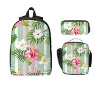 Ensemble sac à dos à motif de fleurs tropicales pour filles et garçons avec sac à déjeuner, trousse à crayons, feuilles de lame, sac d'école, boîte à déjeuner isotherme, cadeau pour homme et femme