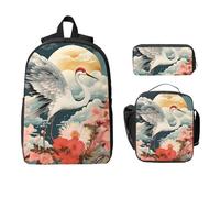 Ensemble sac à dos à motif de grue pour filles et garçons avec sac à déjeuner, trousse à crayons, tradition japonaise, 3 pièces, sac d'école isotherme, cadeau pour homme et femme