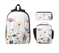 Ensemble sac à dos à motif marguerite pour filles et garçons avec sac à déjeuner, trousse à crayons et motif floral coloré, 3 pièces, sacs d'école isothermes, cadeaux pour femmes et hommes