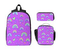 Ensemble sac à dos à motif rose pour filles et garçons avec sac à déjeuner, trousse à crayons, cœur arc-en-ciel, 3 pièces, sacs d'école isothermes, cadeaux pour femmes et hommes