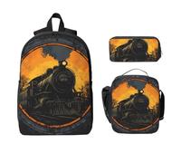 Ensemble sac à dos à vapeur pour filles et garçons avec sac à déjeuner, trousse à crayons, train vintage, sac d'école, boîte à déjeuner isotherme, cadeaux pour femmes et hommes