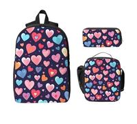 Ensemble sac à dos avec motif cœur rouge et rose pour filles et garçons avec sac à déjeuner, trousse à crayons romantique, 3 pièces, sac d'école isotherme, cadeau pour homme et femme