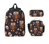 Ensemble sac à dos avec motif hiboux pour filles et garçons avec sac à déjeuner, trousse à crayons, ballon de sport, 3 pièces, sacs d'école isothermes, cadeaux pour femmes et hommes
