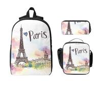 Ensemble sac à dos coloré Paris pour filles et garçons avec sac à déjeuner, trousse à crayons, tour Eiffel, 3 pièces, sacs d'école, boîte à déjeuner isotherme, cadeaux pour femmes et hommes