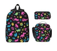 Ensemble sac à dos coloré pour filles et garçons avec sac à déjeuner, trousse à crayons, motif empreintes de pattes de dinosaures, sacs d'école, boîte à déjeuner isotherme, cadeaux pour femmes et